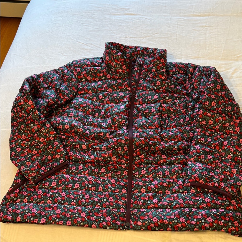 Lands' End Floral Puffer Jacket - Maroon with Pink, Green and Red Flowers